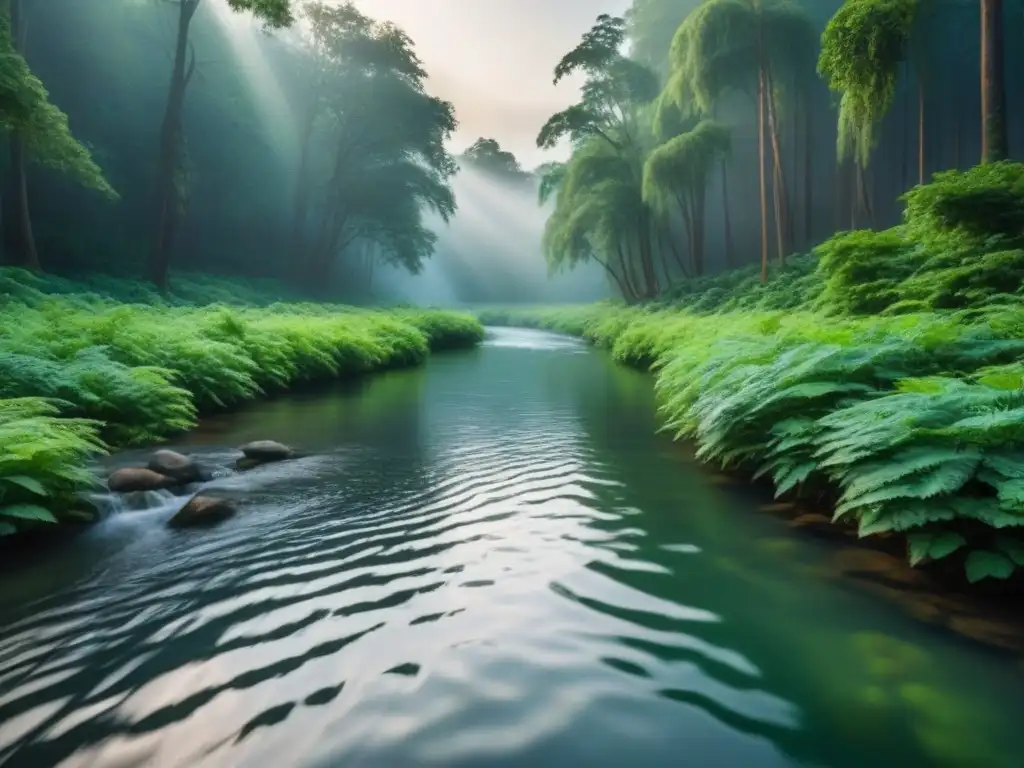 Arroyo cristalino fluye en bosque verde, luz filtrándose entre ramas