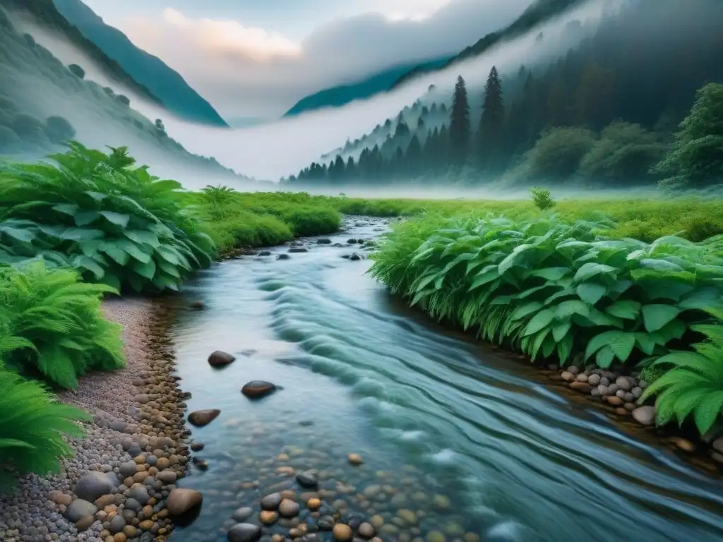 Arroyo de montaña cristalino fluyendo en bosque verde exuberante, reflejando la naturaleza