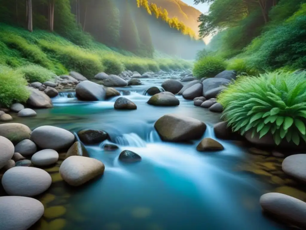 Un arroyo de montaña cristalino fluye suavemente entre piedras, rodeado de exuberante vegetación reflejada en el agua