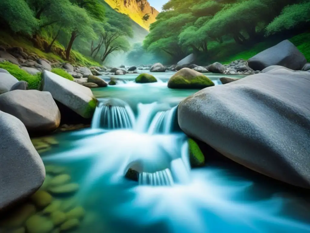 Un arroyo de montaña cristalino fluye suavemente entre rocas lisas, reflejando la exuberante vegetación y el cielo azul