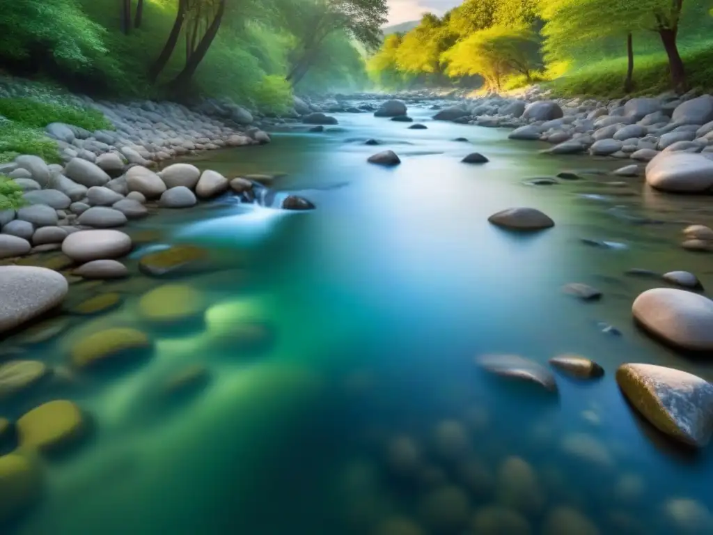 Un arroyo cristalino fluye suavemente sobre rocas en el río, con luz filtrándose entre la vegetación exuberante