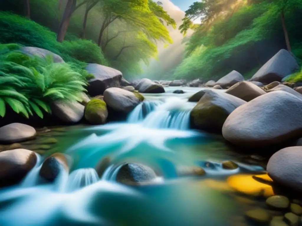 Arroyo de montaña cristalino rodeado de vegetación exuberante, transmitiendo paz y los Beneficios del agua en bienestar