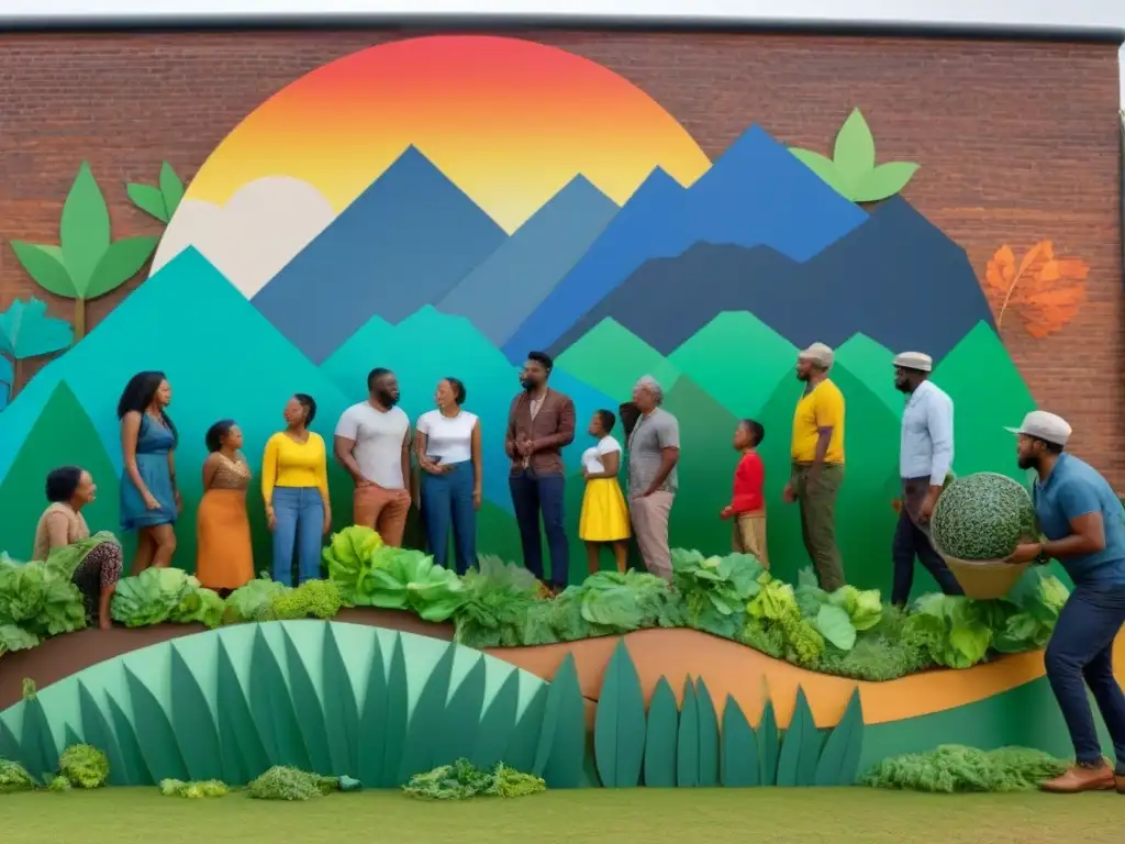 Arte comunitario con materiales reciclados: mural vibrante de naturaleza y unidad, detallado y colaborativo