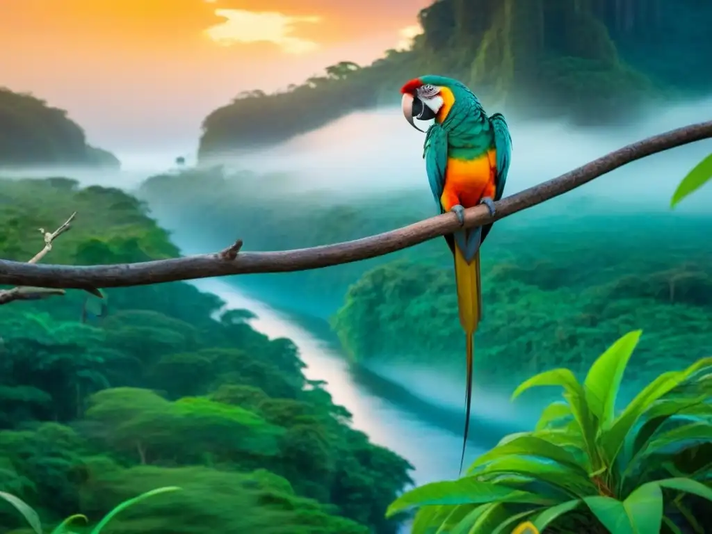 Arte indígena en la preservación de la naturaleza: un atardecer sereno en la selva amazónica con un guacamayo colorido en primer plano