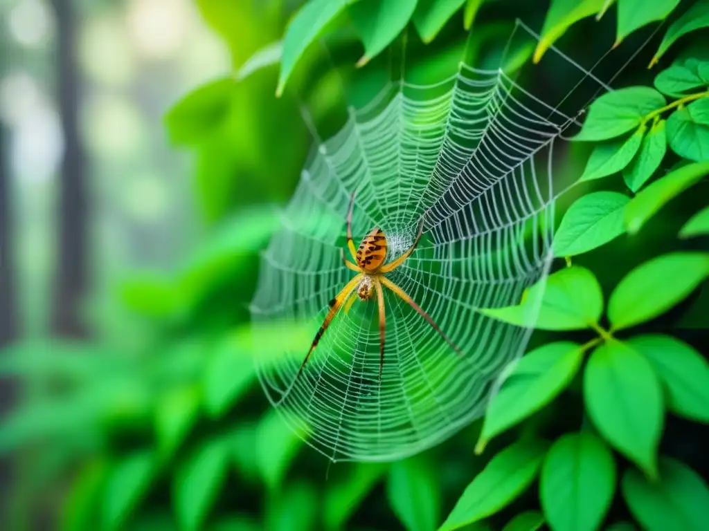 Arte natural: araña tejiendo red en exuberante bosque verde