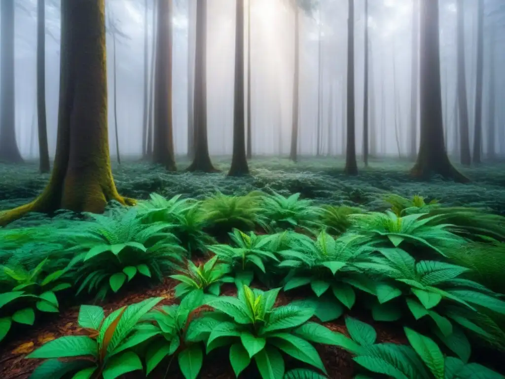 Arte sostenible: Bosque verde con diversidad de árboles y plantas, resaltando la importancia de la educación ambiental