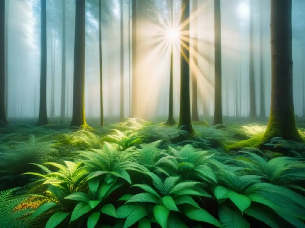 Arte virtual de activismo ambiental: bosque verde con luz solar filtrándose entre los árboles, creando sombras en el suelo boscoso