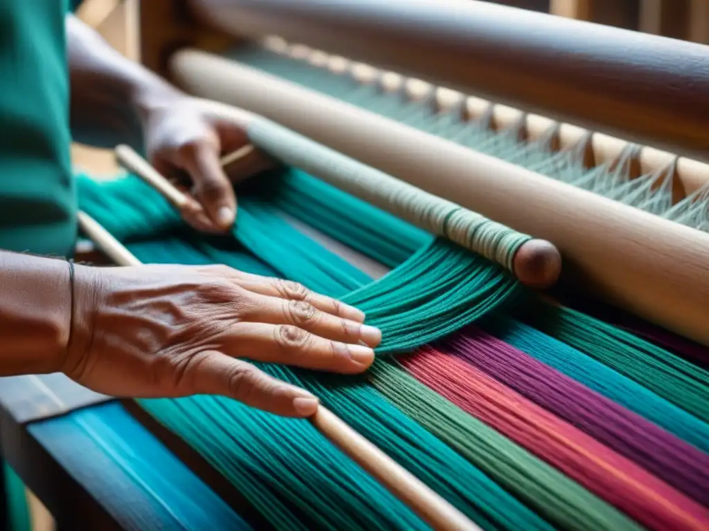 Un artesano teje con destreza hilos de colores en un telar de madera, creando patrones en tela sostenible