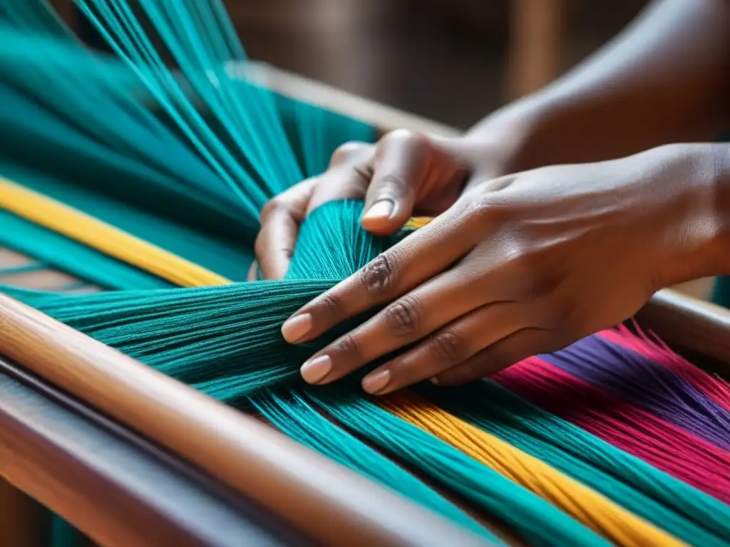 Un artesano experto tejiendo hilos coloridos en un telar, destacando la artesanía y las marcas moda artesanal sostenible
