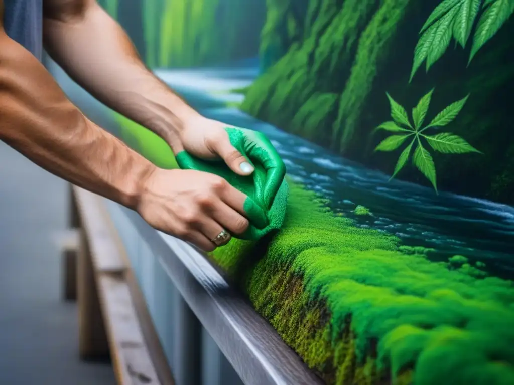 Un artista urbano temático ambiental pinta con precisión un mural vibrante de la naturaleza en detalle