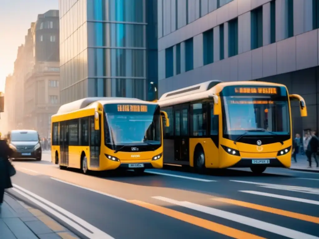 Un atardecer en una bulliciosa calle de la ciudad, con buses eléctricos y bicicletas en un paisaje urbano moderno