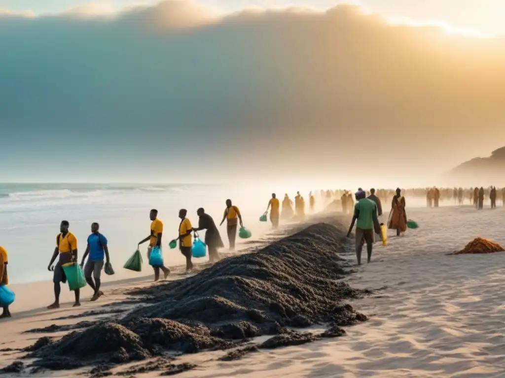 Un atardecer cálido ilumina a un grupo diverso en África limpiando una playa, promoviendo políticas de residuos en África