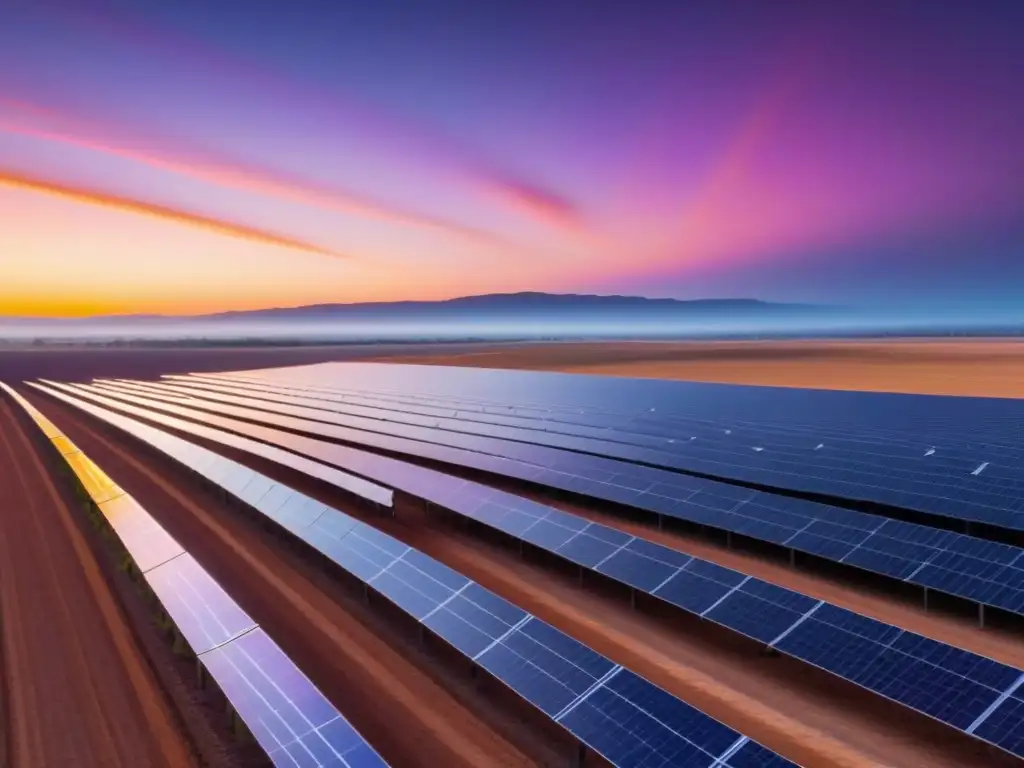 Un atardecer cautivador en una granja solar con paneles brillantes bajo un cielo multicolor