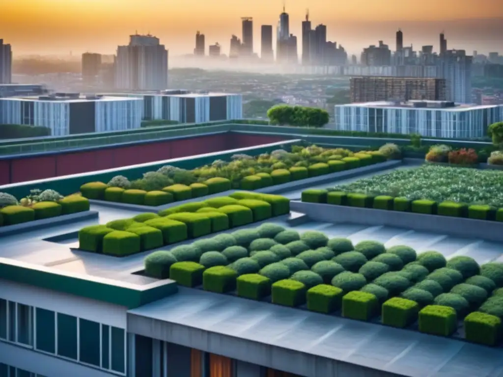 Atardecer en la ciudad moderna con techos verdes, resaltando la importancia de la biodiversidad urbana