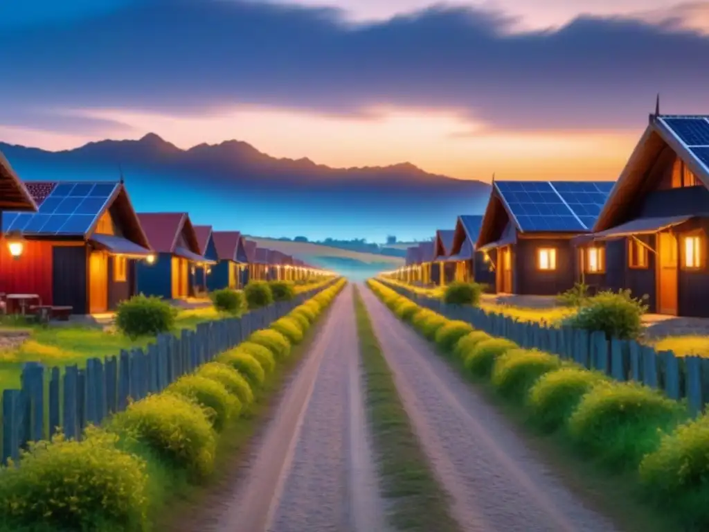 'Atardecer en comunidad rural con iluminación solar, hogares iluminados y sendero cálido