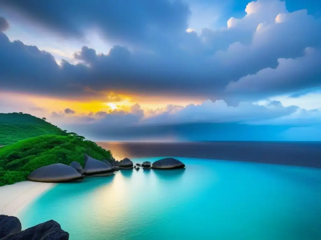 Atardecer en isla privada sostenible de lujo: aguas turquesa, vegetación exuberante y villas integradas en la naturaleza