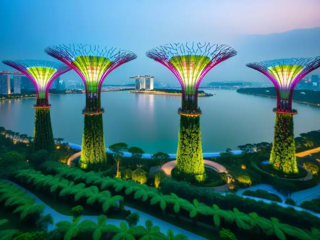 Atardecer mágico en Singapur: Supertree Grove de Gardens by the Bay y el skyline urbano