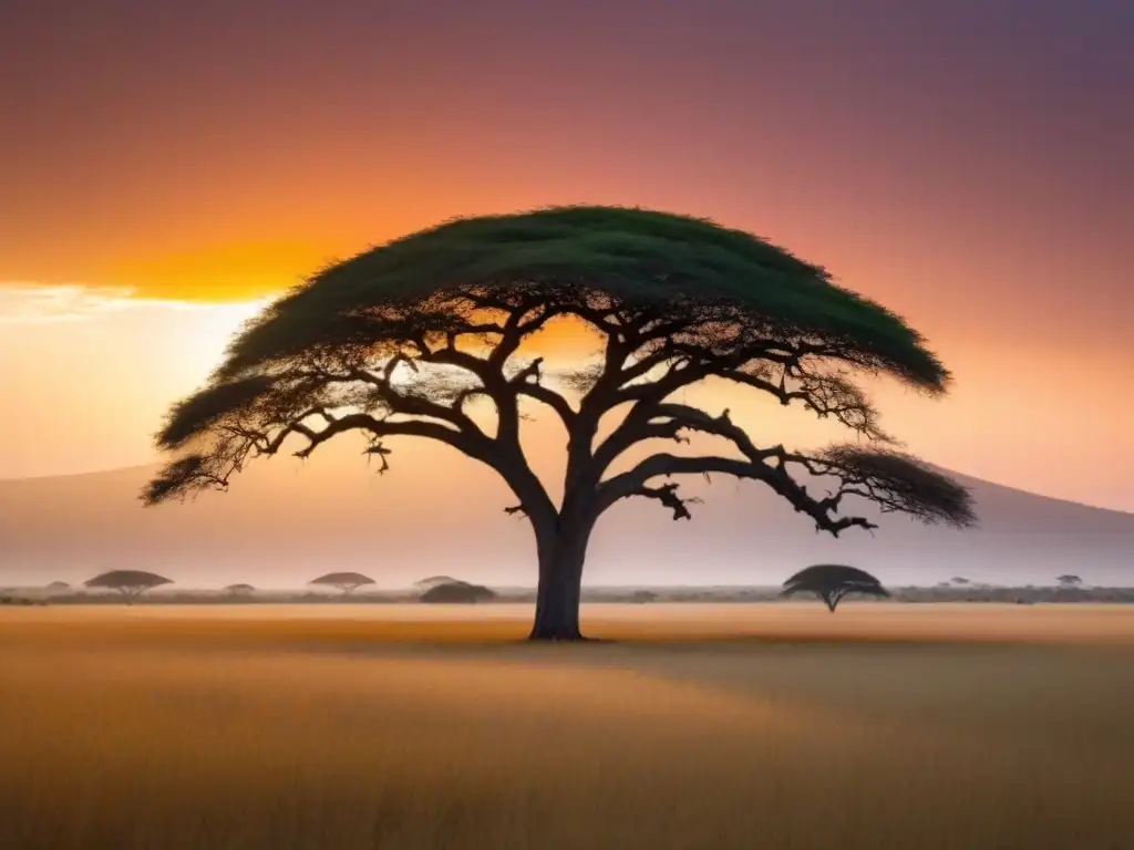 Un atardecer en la sabana africana, con un solitario árbol de acacia en silueta