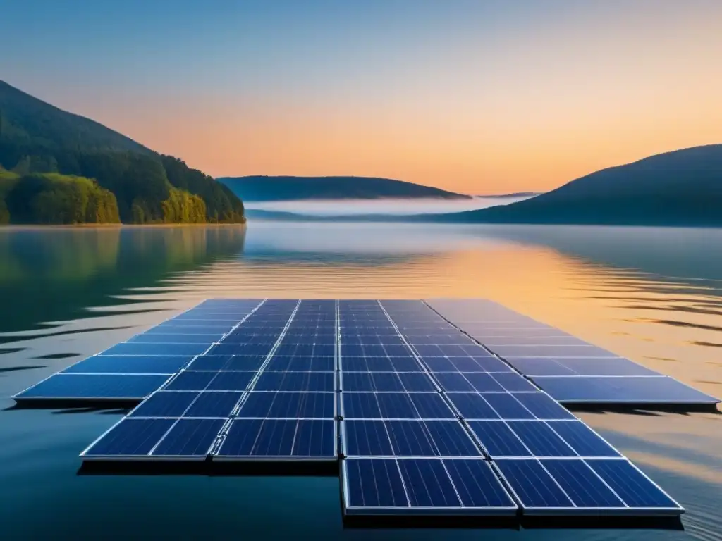 Un atardecer sereno en un lago con paneles solares flotantes sostenibles reflejando el sol dorado