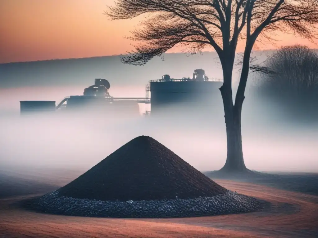 Un atardecer sereno en una planta de reciclaje moderna, con un árbol solitario en primer plano