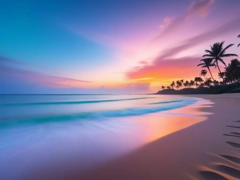 Atardecer sereno en una playa, aguas turquesas, palmeras y cielo naranja y rosado