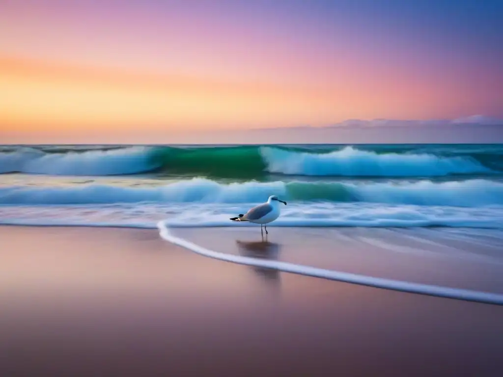 Un atardecer sereno en una playa prístina, con olas suaves y una gaviota volando, simbolizando el estilo de vida sostenible sin plástico