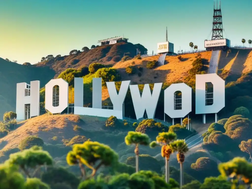 Un atardecer sostenible en Hollywood: ilustración detallada del letrero con elementos verdes y tecnología eco