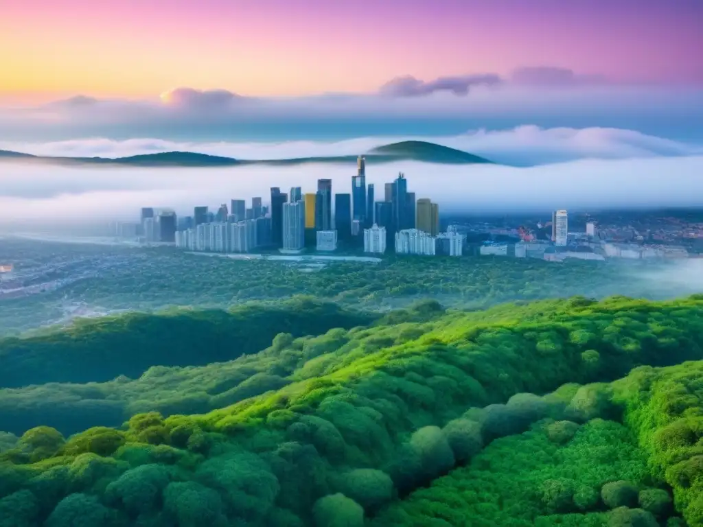 Un atardecer vibrante en la ciudad, con edificios sostenibles y vegetación integrada