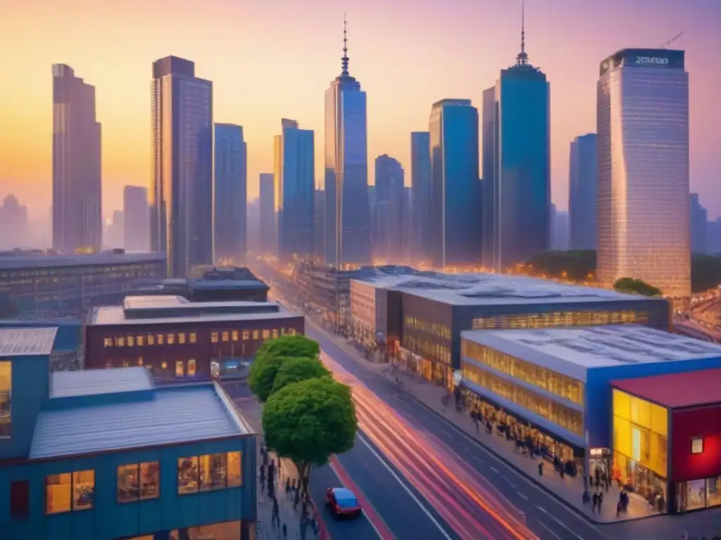 Un atardecer vibrante en la ciudad, reflejado en rascacielos