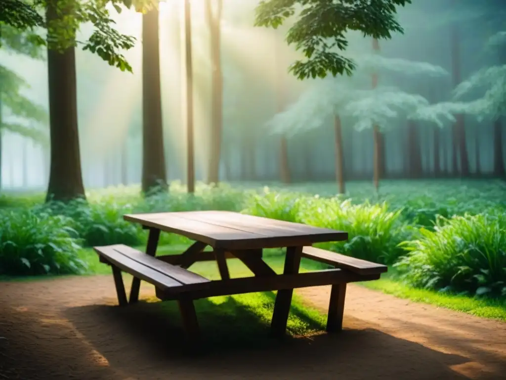 Aula al aire libre en un bosque exuberante, con banco y mesa de madera bajo árboles altos