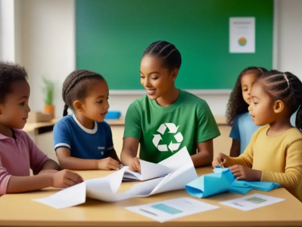 Un aula colorida y vibrante donde niños colaboran alegremente en programas educativos de reciclaje