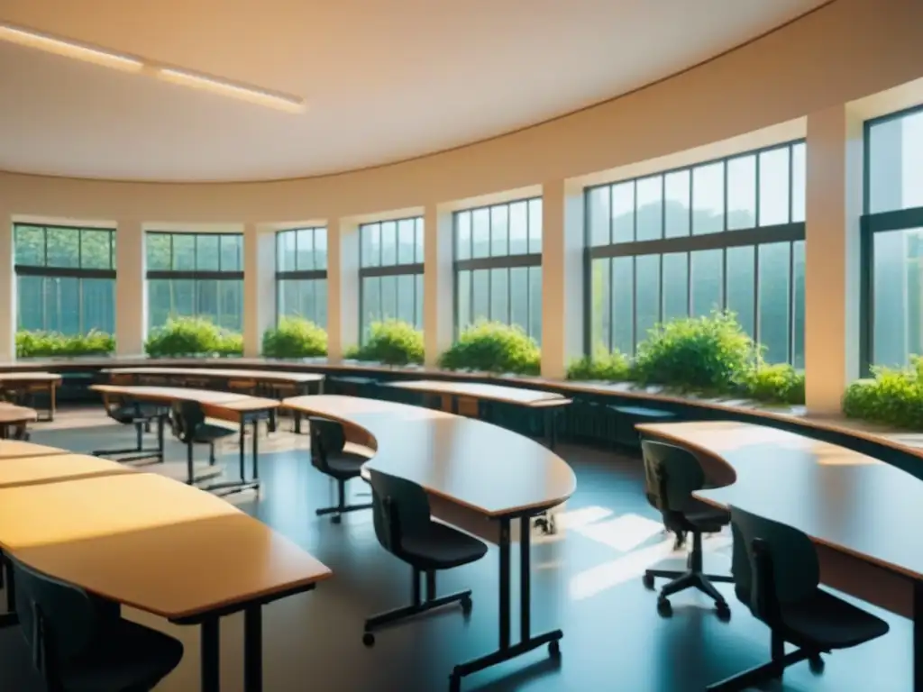 Un aula escolar tranquila y luminosa con vista a un jardín verde, resaltando la integración sostenibilidad currículo escolar