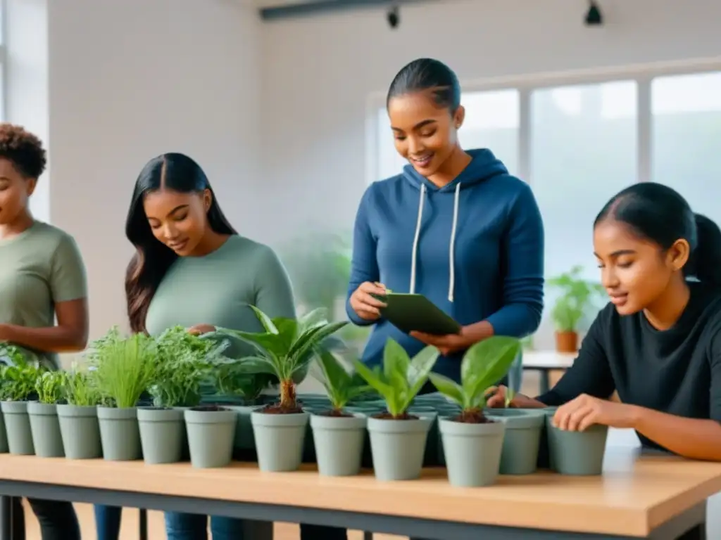 Un aula luminosa llena de plantas, materiales ecológicos y estudiantes entusiastas de diferentes edades y etnias colaborando en talleres de estilo de vida sostenible en la escuela