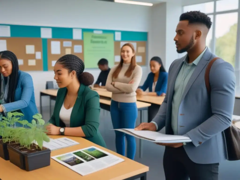 Un aula moderna llena de vida, donde estudiantes de diversas culturas participan entusiastas en talleres estilo vida sostenible escuelas