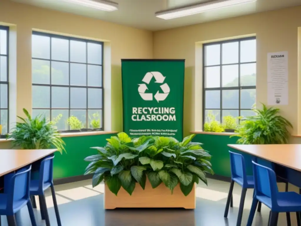 Un aula serena con un gran contenedor de reciclaje, rodeado de plantas verdes y carteles educativos ecofriendly