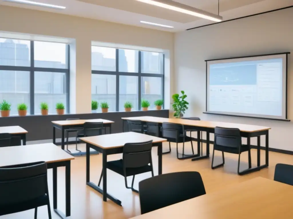 Aula serena con luz natural, escritorios ordenados y plantas