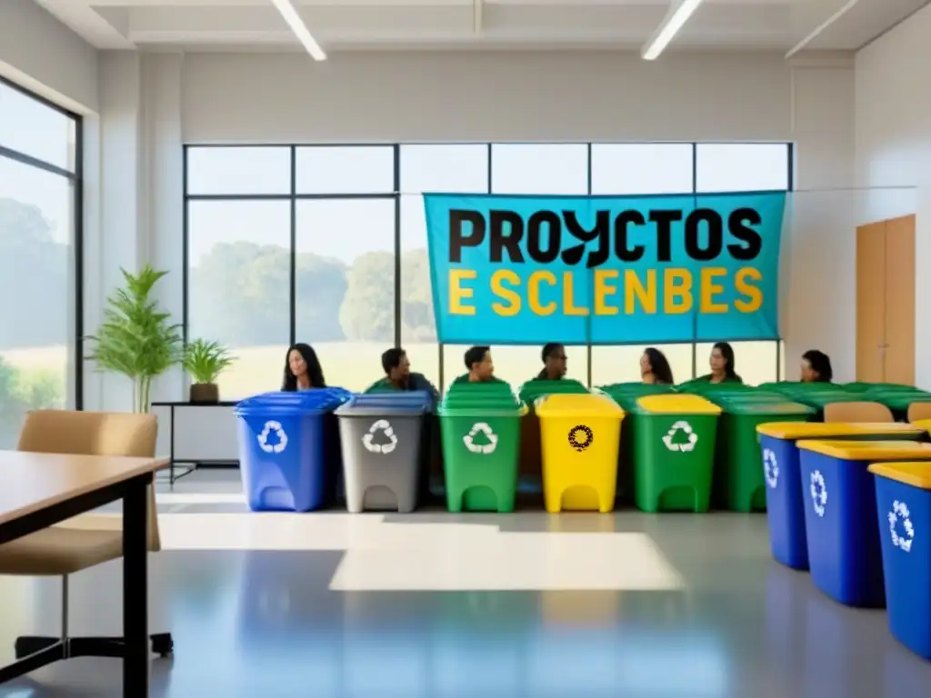 Un aula serena y minimalista con proyectos escolares sostenibles innovadores, estudiantes comprometidos y elementos ecológicos
