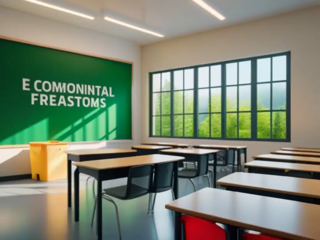 Aula serena con ventana a bosque verde, bin de reciclaje y póster de educación ambiental en escuelas