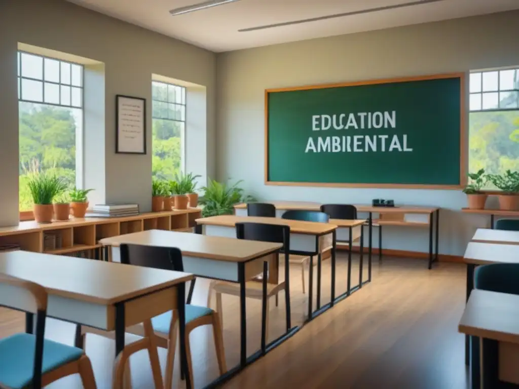 Un aula serena con vista a un bosque verde, despejada y luminosa