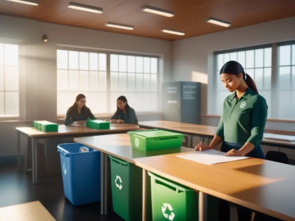 Un aula tranquila con decoración minimalista y estación de reciclaje