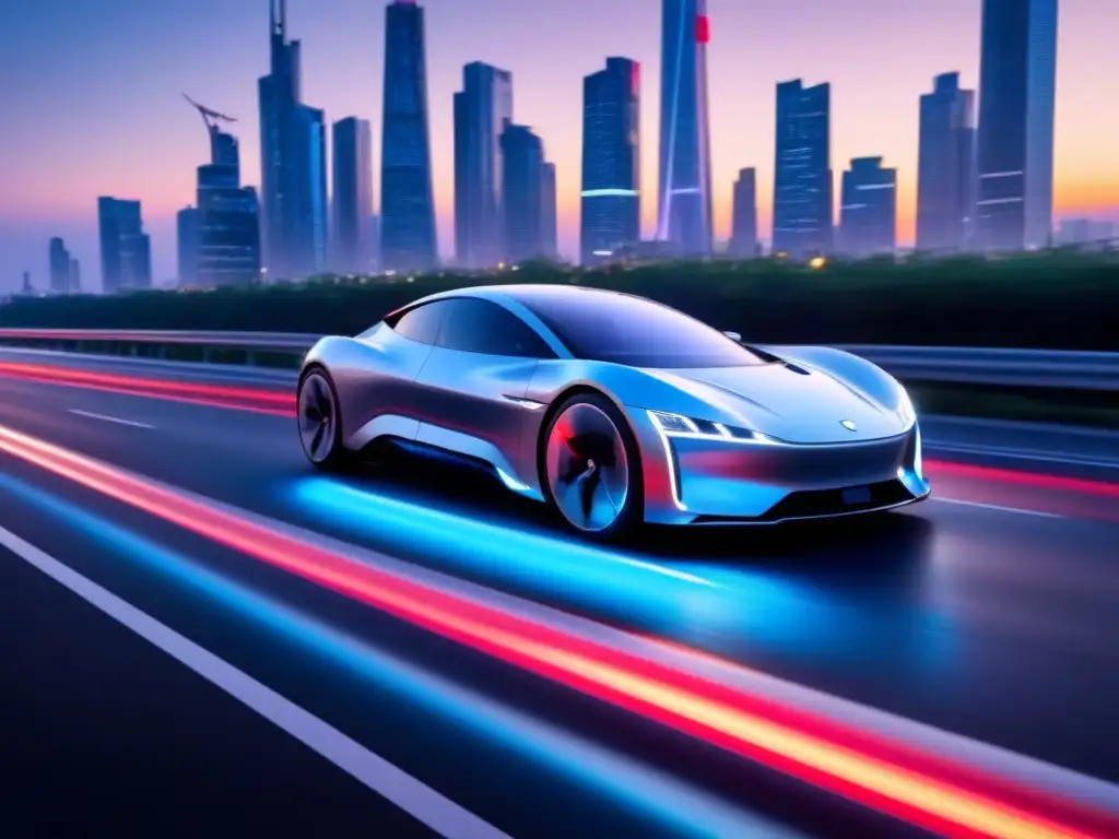 Coche eléctrico futurista con frenos regenerativos en autopista Auto eléctrico minimalista en autopista futurista con frenos regenerativos, tecnología avanzada en vehículos