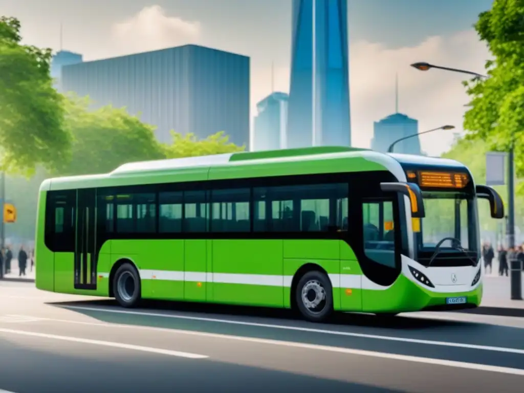 Un autobús eléctrico moderno deslizándose por una calle urbana arbolada, reflejando la movilidad urbana sostenible y ecofriendly