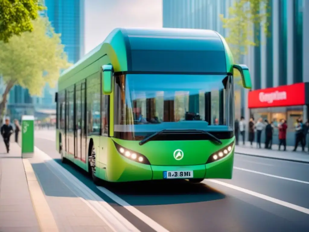 Un autobús eléctrico moderno recorriendo una ciudad verde y sostenible, rodeado de edificios modernos y jardines urbanos