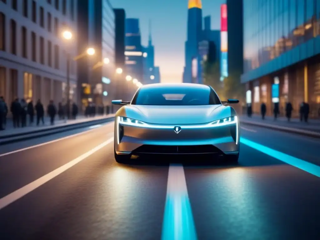 Un automóvil eléctrico de alta gama se desliza silenciosamente por una ciudad futurista de noche, destacando los beneficios de los coches eléctricos de alta gama en un entorno urbano moderno y sostenible