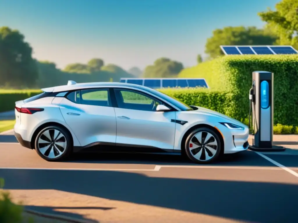 Un automóvil eléctrico moderno cargando en estación solar, rodeado de vegetación, bajo cielo azul