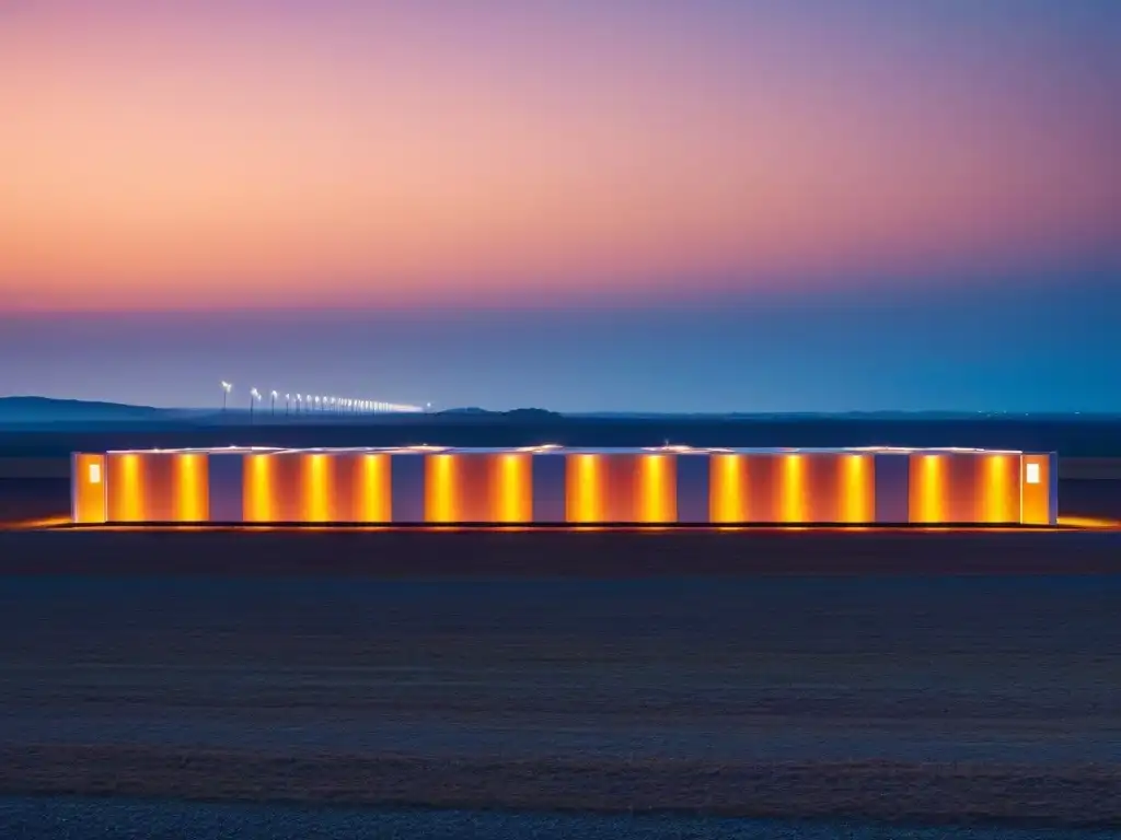 Avances en baterías de almacenamiento de energía limpia en instalación futurista al atardecer