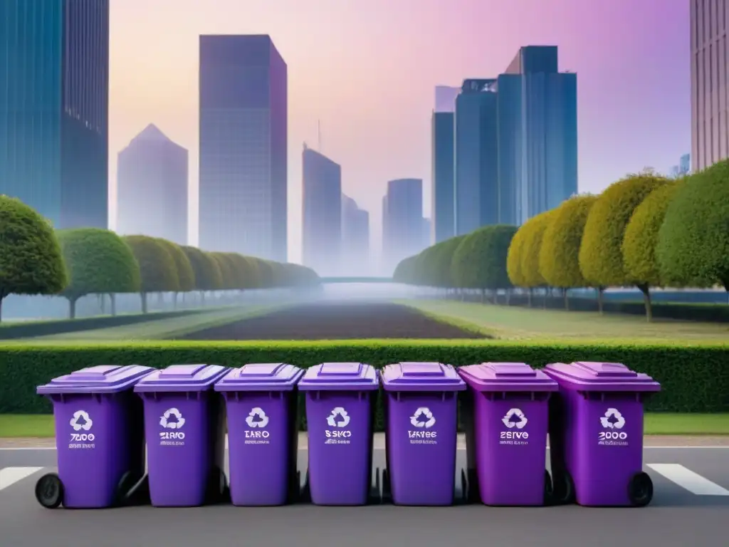 Avances hacia el Zero Waste: Amanecer en la ciudad con edificios modernos y contenedores de reciclaje, personas activas al inicio del día