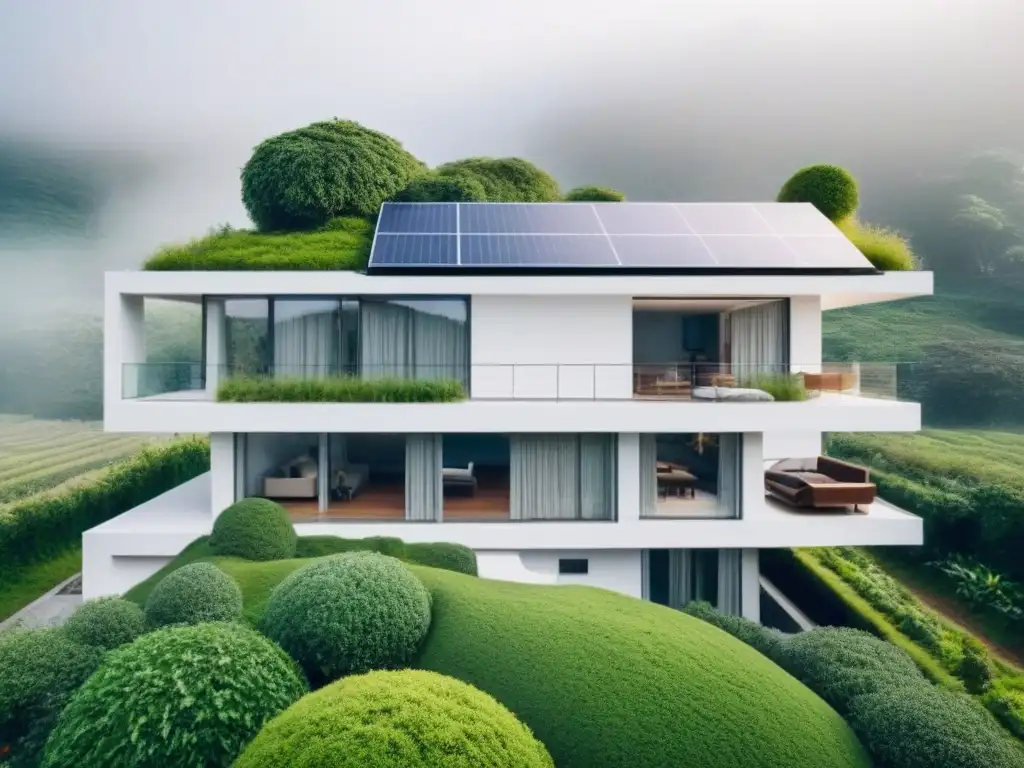 Avances tecnológicos para combatir cambio climático: Casa ecológica futurista con paneles solares, jardín vertical y turbina eólica