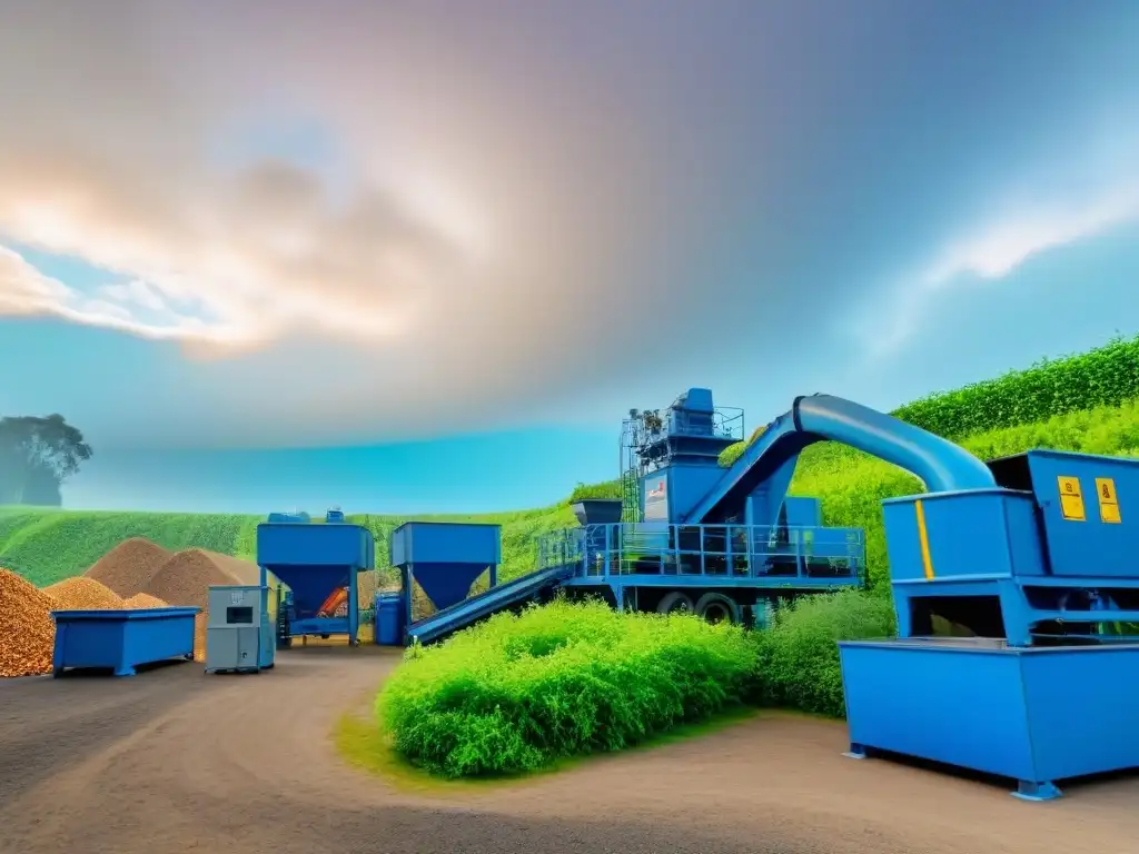 Avanzada planta de reciclaje con maquinaria de alta tecnología, rodeada de vegetación, bajo cielos azules