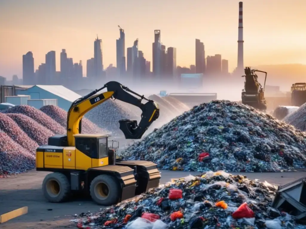 Avanzada planta de reciclaje con robots clasificando residuos electrónicos, integrando tecnología y sostenibilidad ambiental en ciudad al atardecer